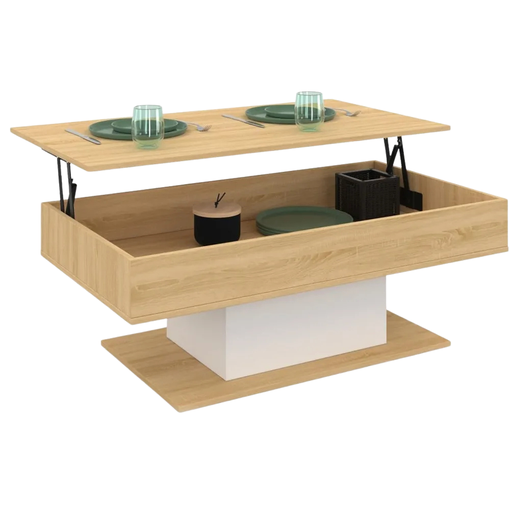Table basse relevable rectangulaire bois et blanc design