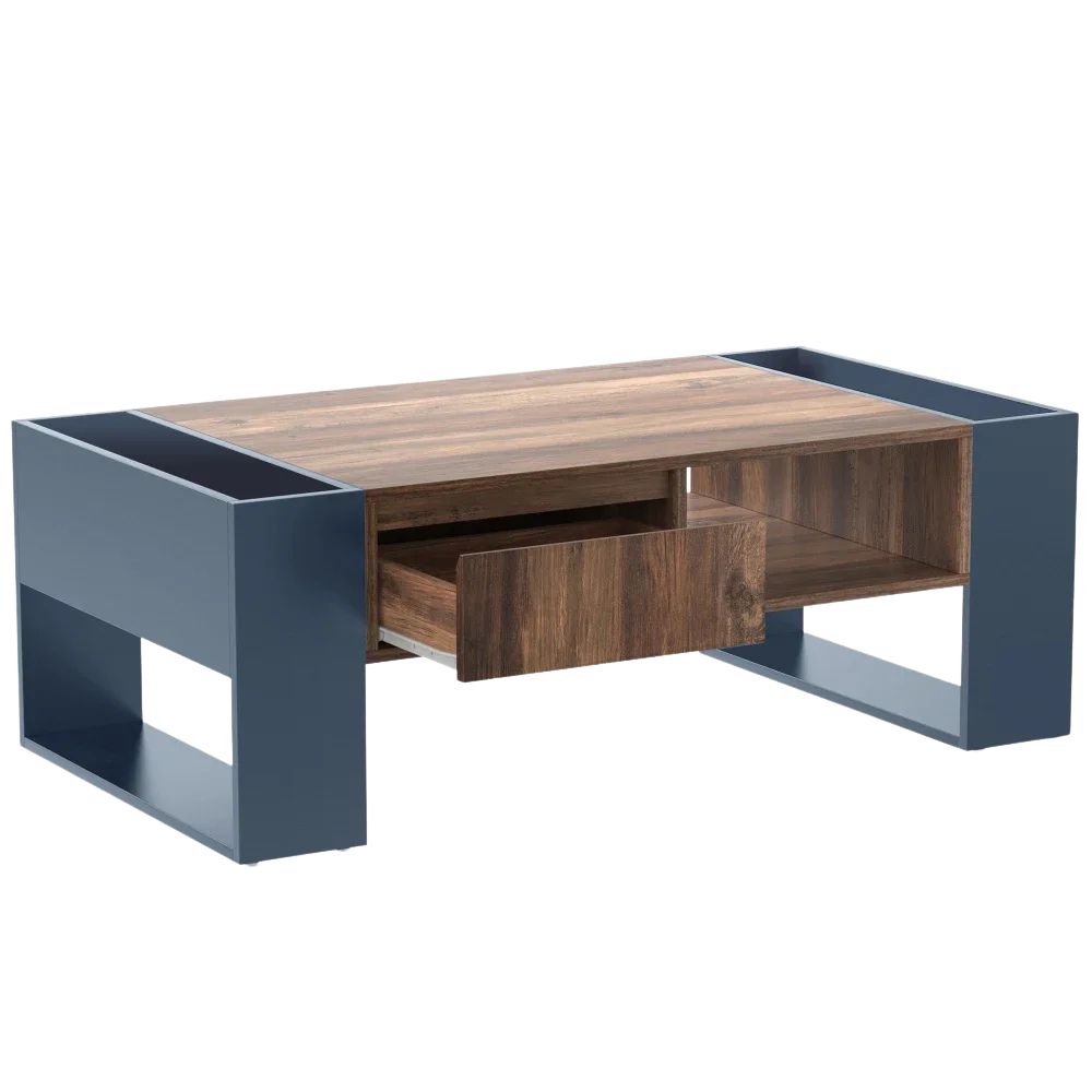 Table basse moderne bois et bleu profond avec rangement
