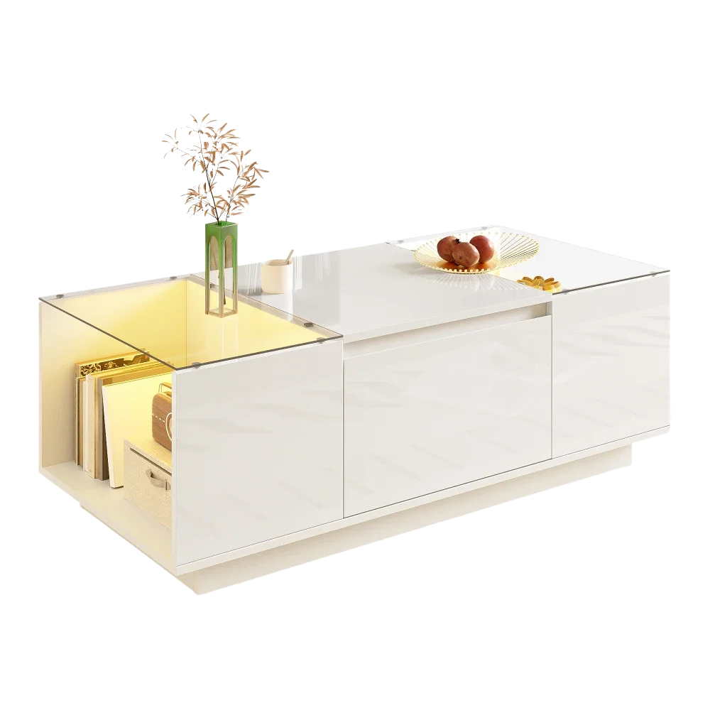 Table basse moderne en verre avec LED et rangements