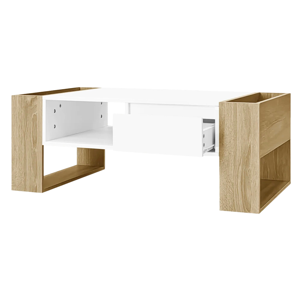 Table basse rectangulaire blanche et bois avec rangement