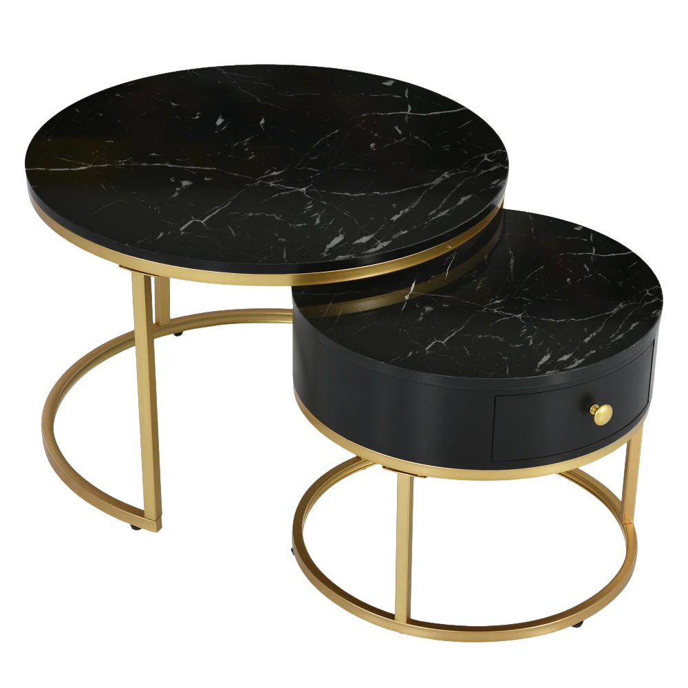 Table basse ronde gigogne effet marbre design noir