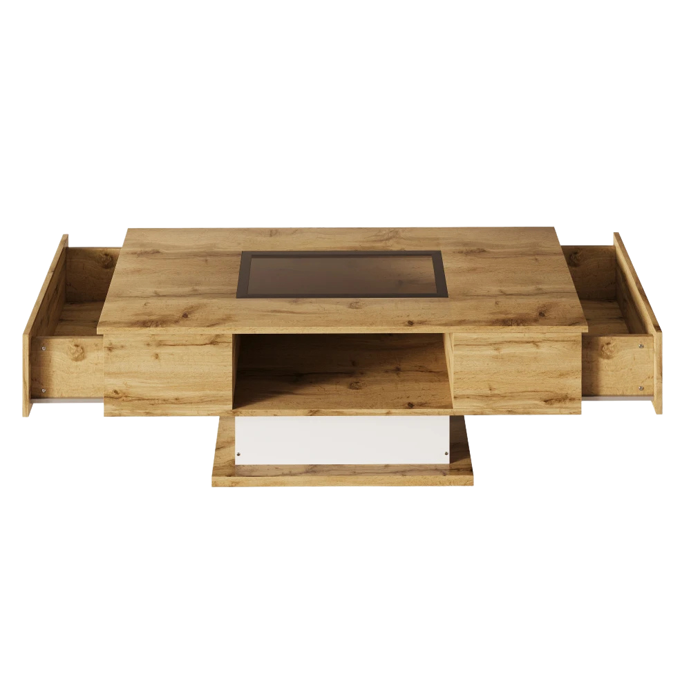 Table basse bois et verre moderne avec LED et rangements