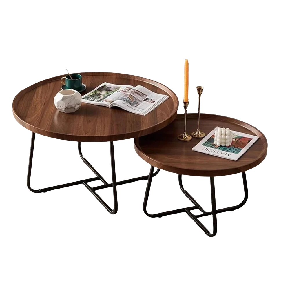 Table basse gigogne ronde en bois de noyer