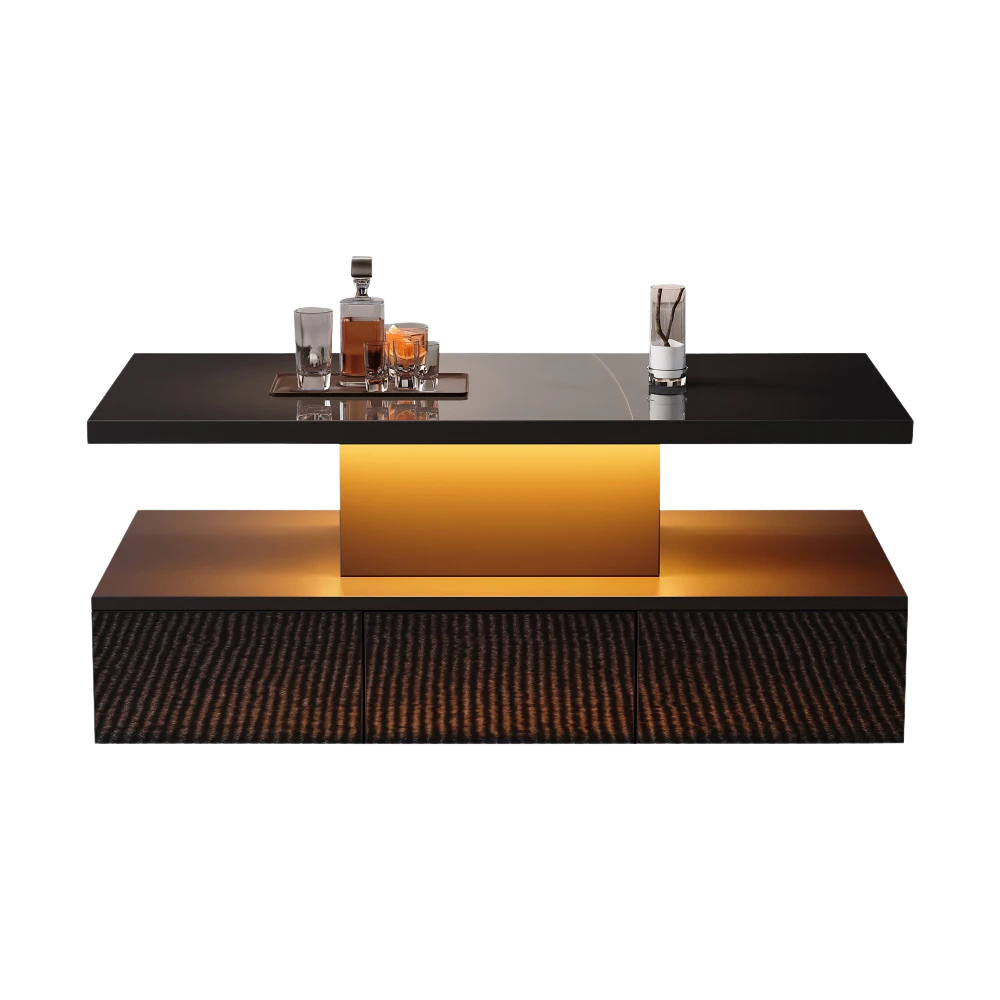 Table basse rectangulaire noire à double plateau avec LED et rangement