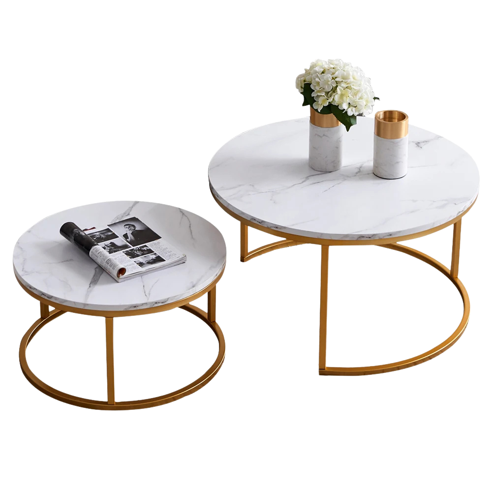 Table basse gigogne ronde effet marbre et doré