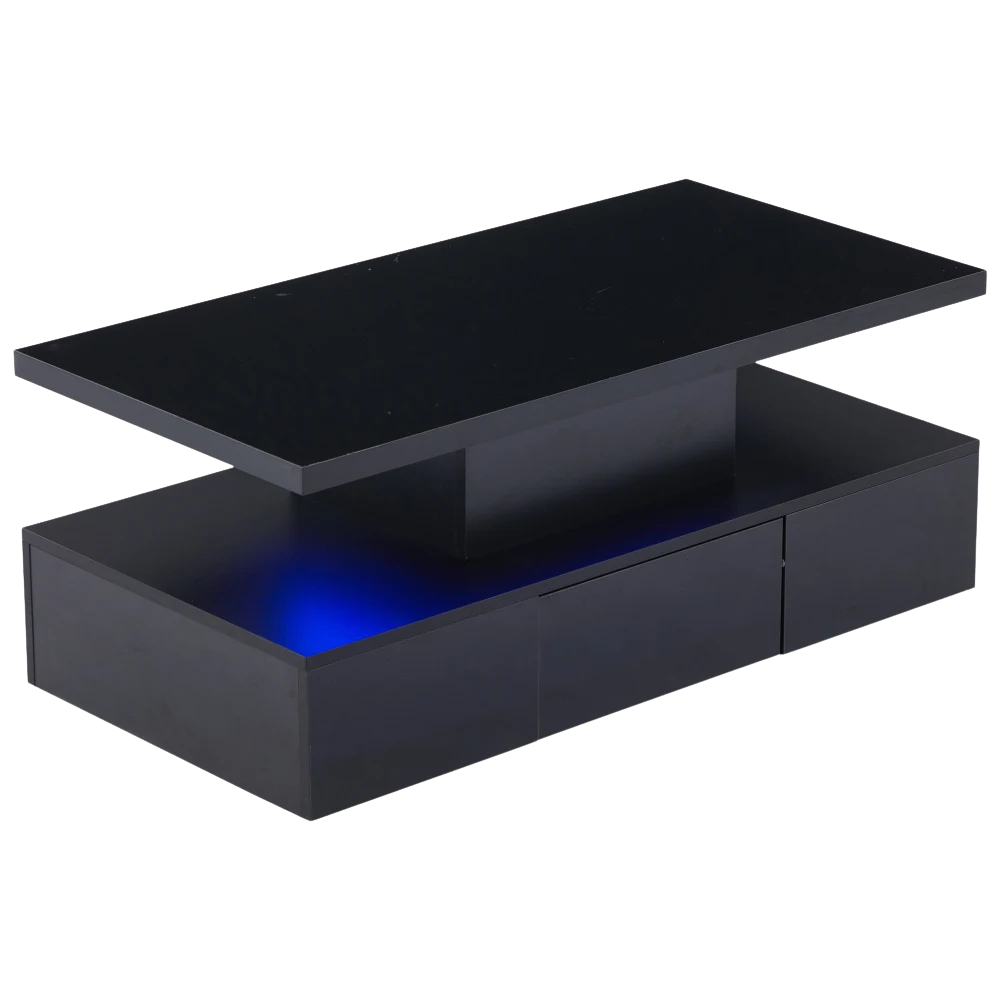 Table basse rectangulaire noire à double plateau avec LED et rangement