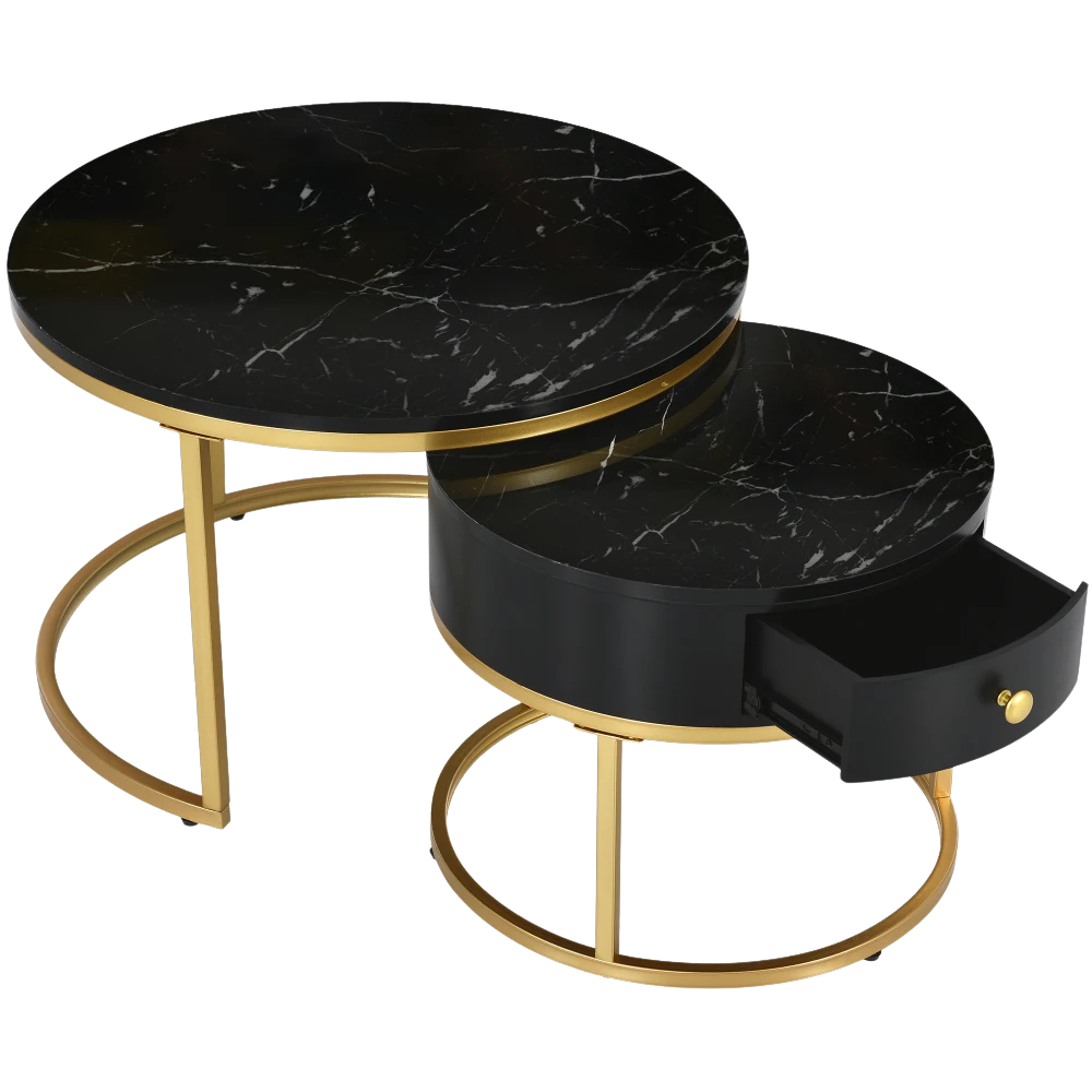 Table basse ronde gigogne effet marbre design noir