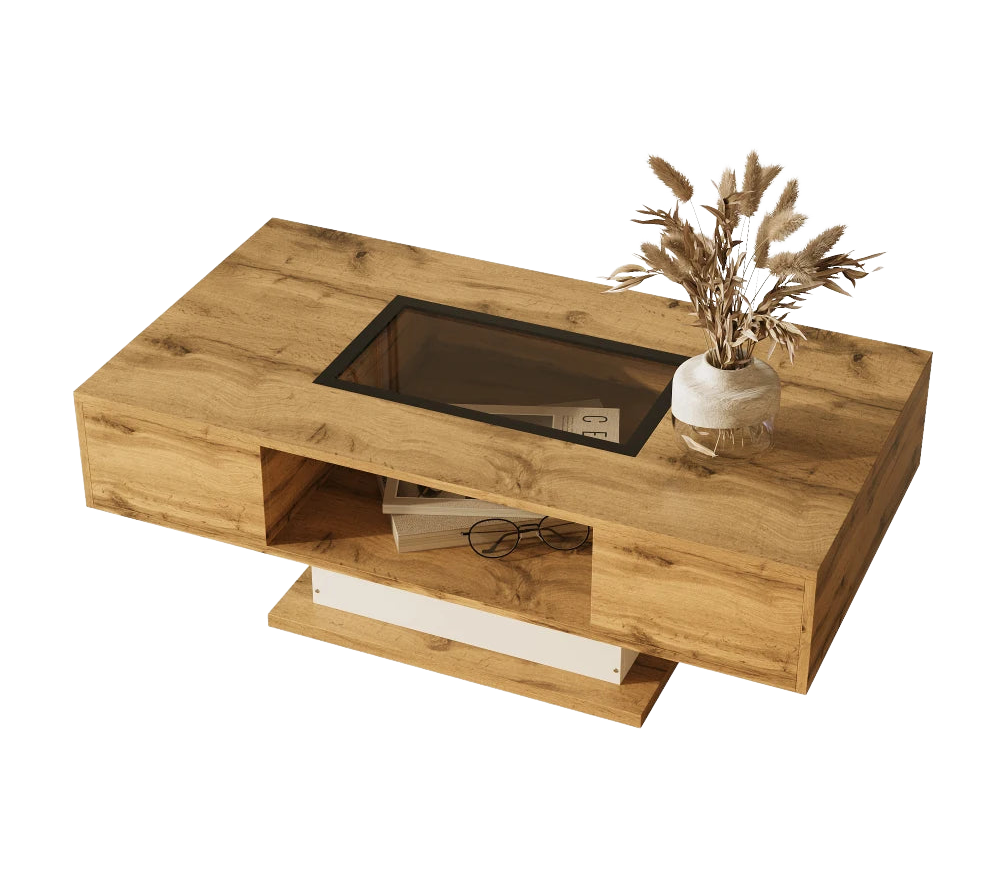 Table basse bois et verre moderne avec LED et rangements