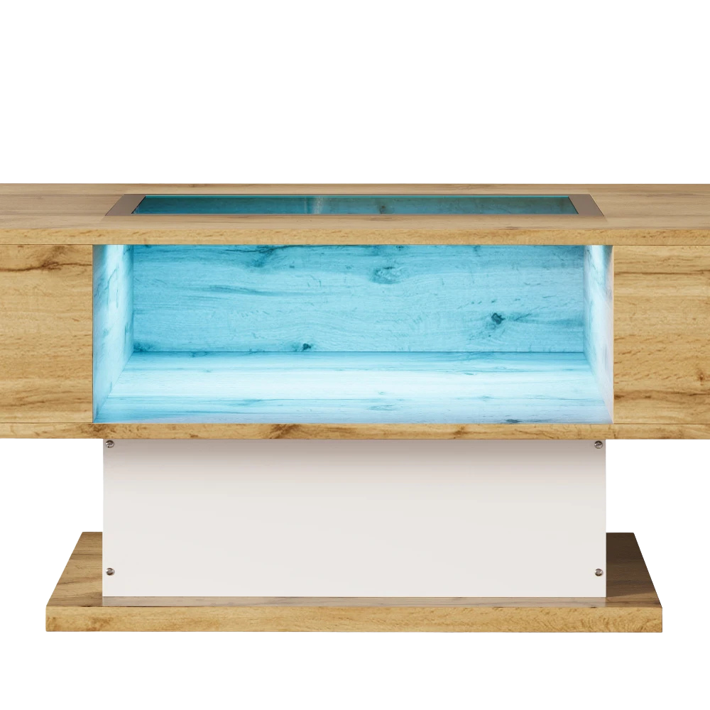 Table basse bois et verre moderne avec LED et rangements