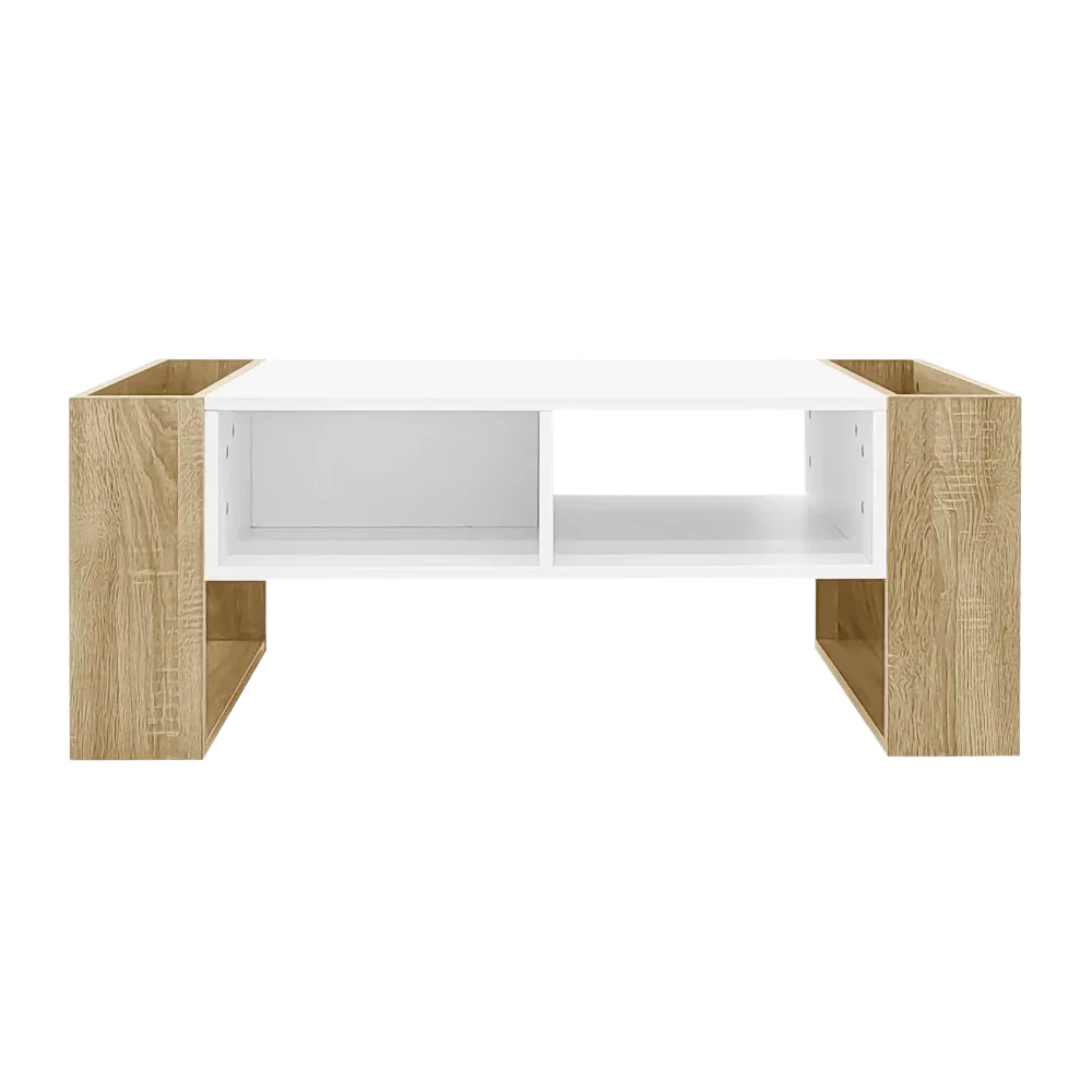 Table basse rectangulaire blanche et bois avec rangement