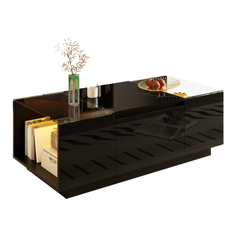 Table basse moderne en verre avec LED et rangements