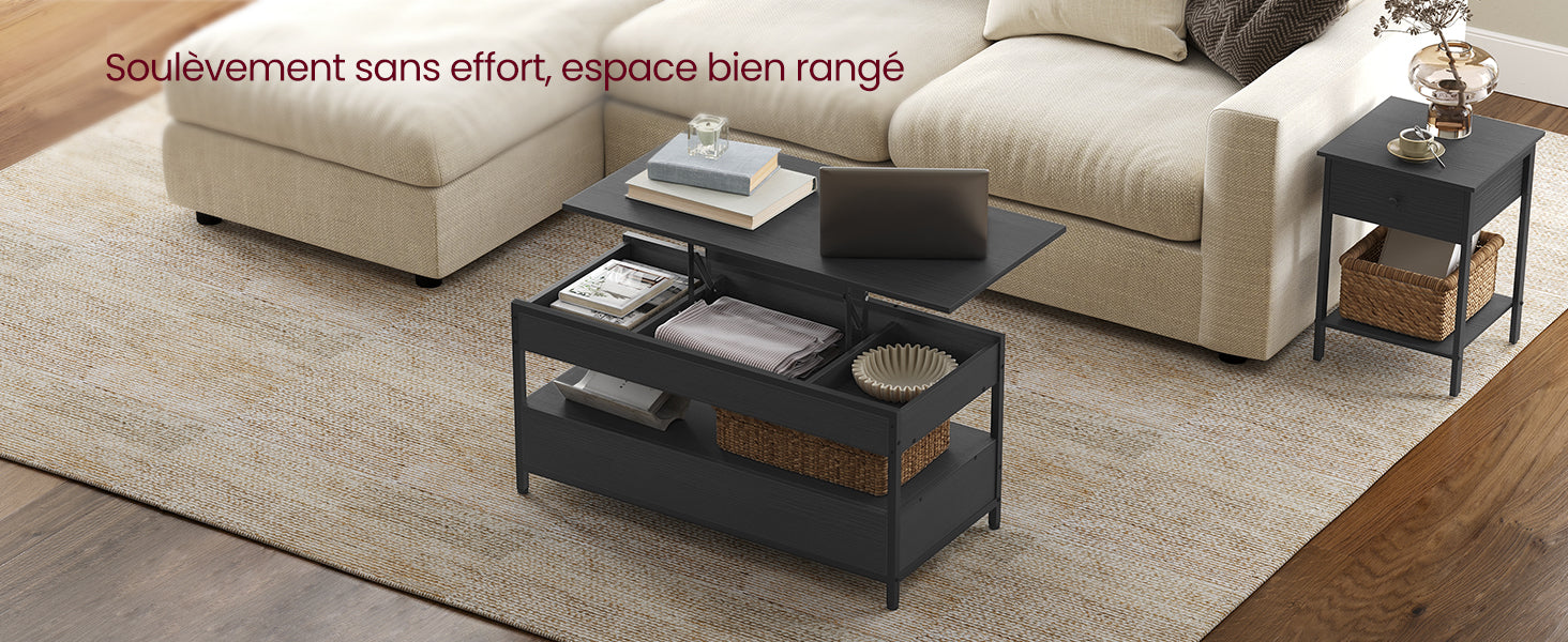 Table basse relevable industrielle avec rangement