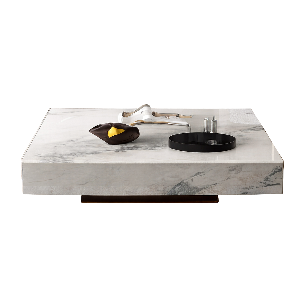 Table basse carrée effet marbre avec plateau en verre trempé