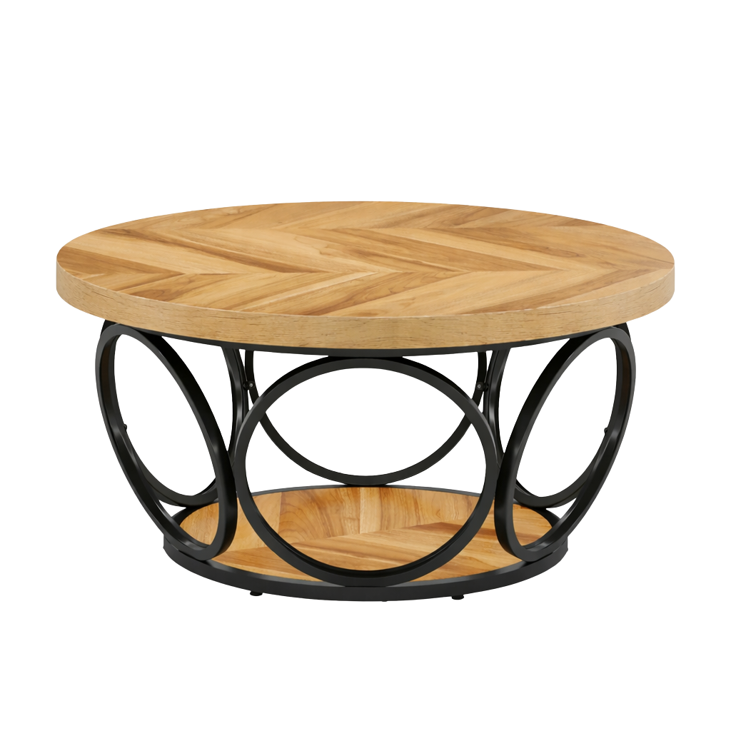 Table basse ronde bois avec rangement à 2 niveaux au style rustique