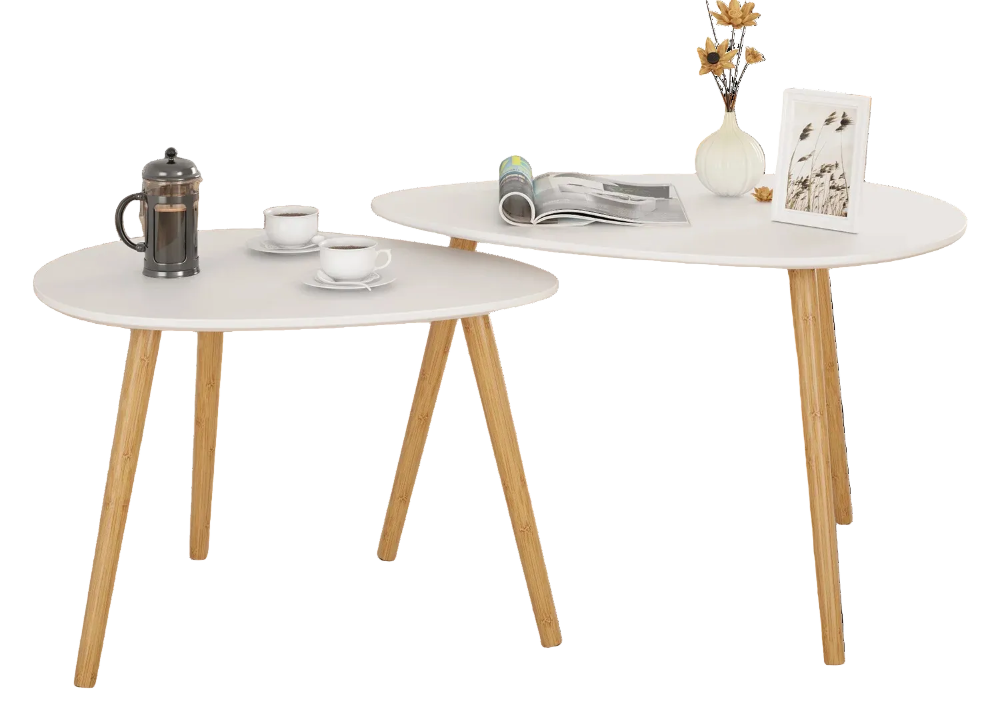 Table basse gigogne ovale blanche et bois scandinave