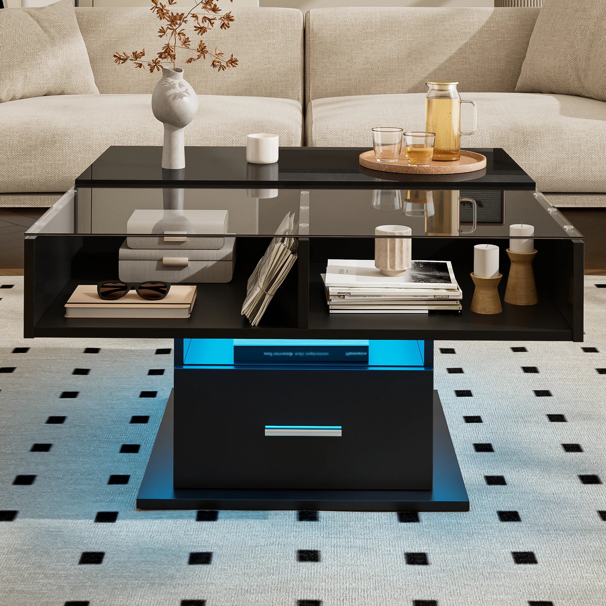 Table basse relevable extensible avec vitrine et LED