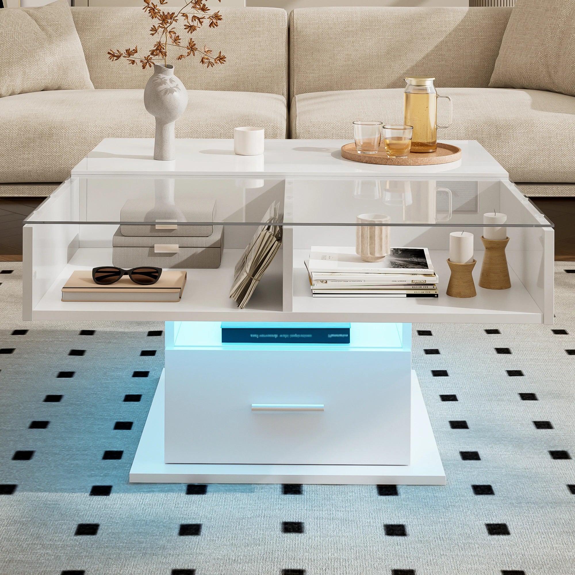 Table basse relevable extensible avec vitrine et LED