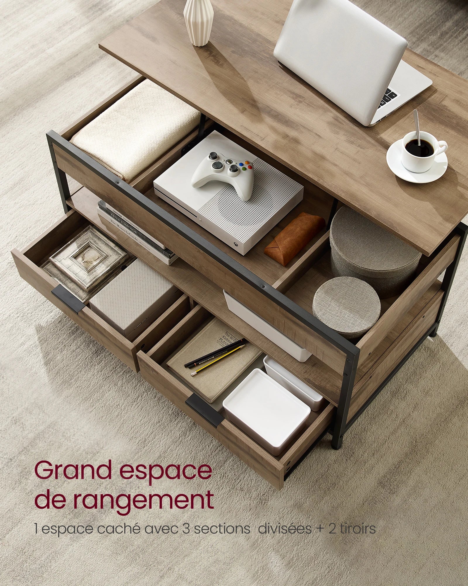 Table basse relevable industrielle avec rangement
