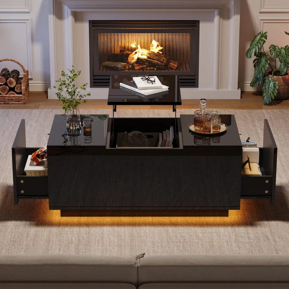 Table basse relevable avec LED et plateau ajustable