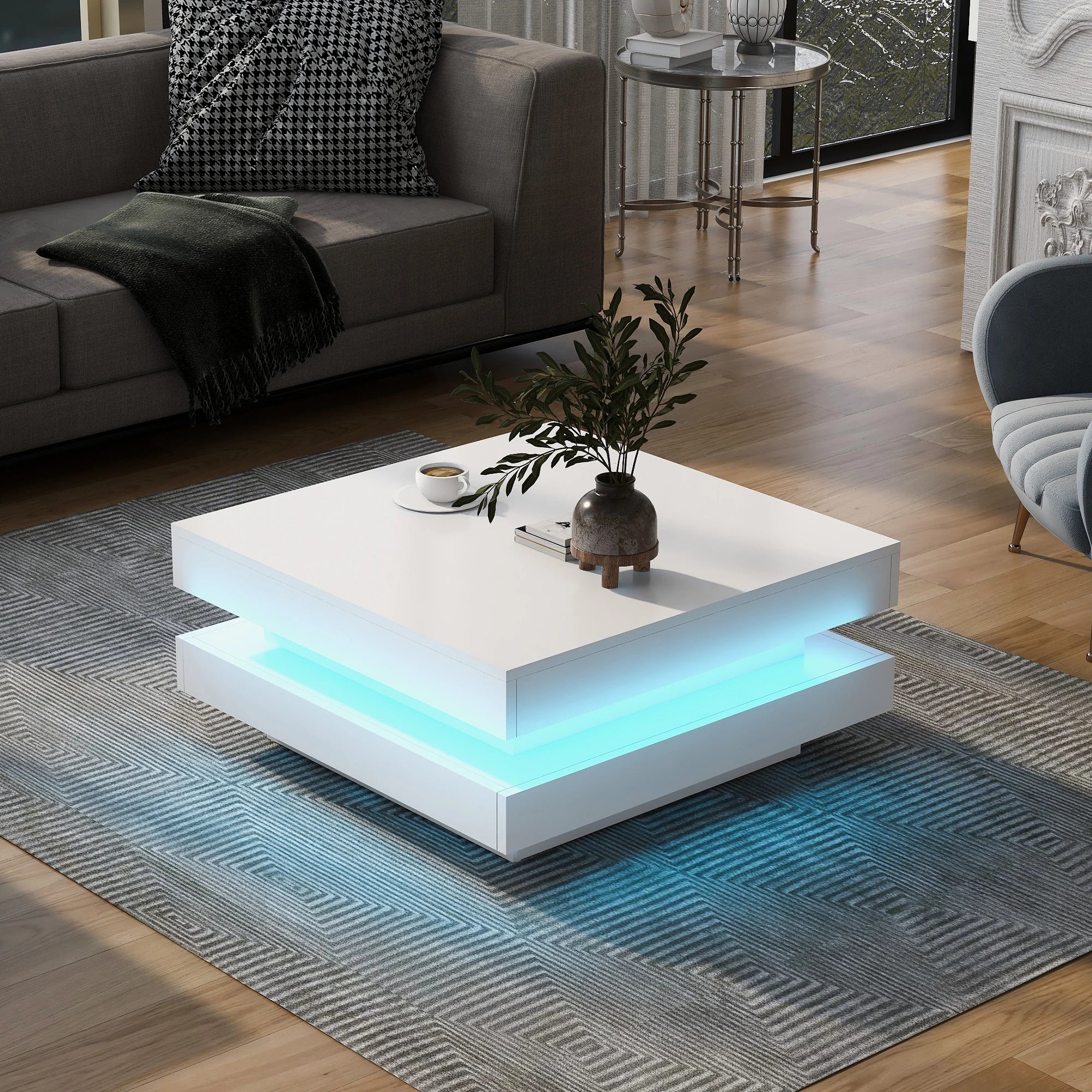 Table basse carrée blanche avec LED et plateau pivotant