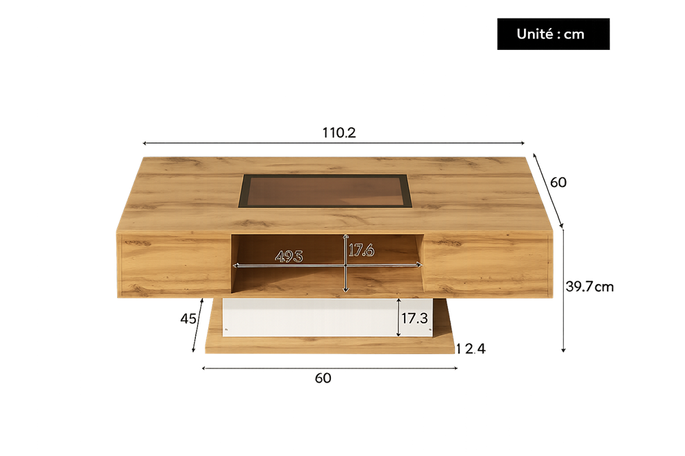 Table basse bois et verre moderne avec LED et rangements