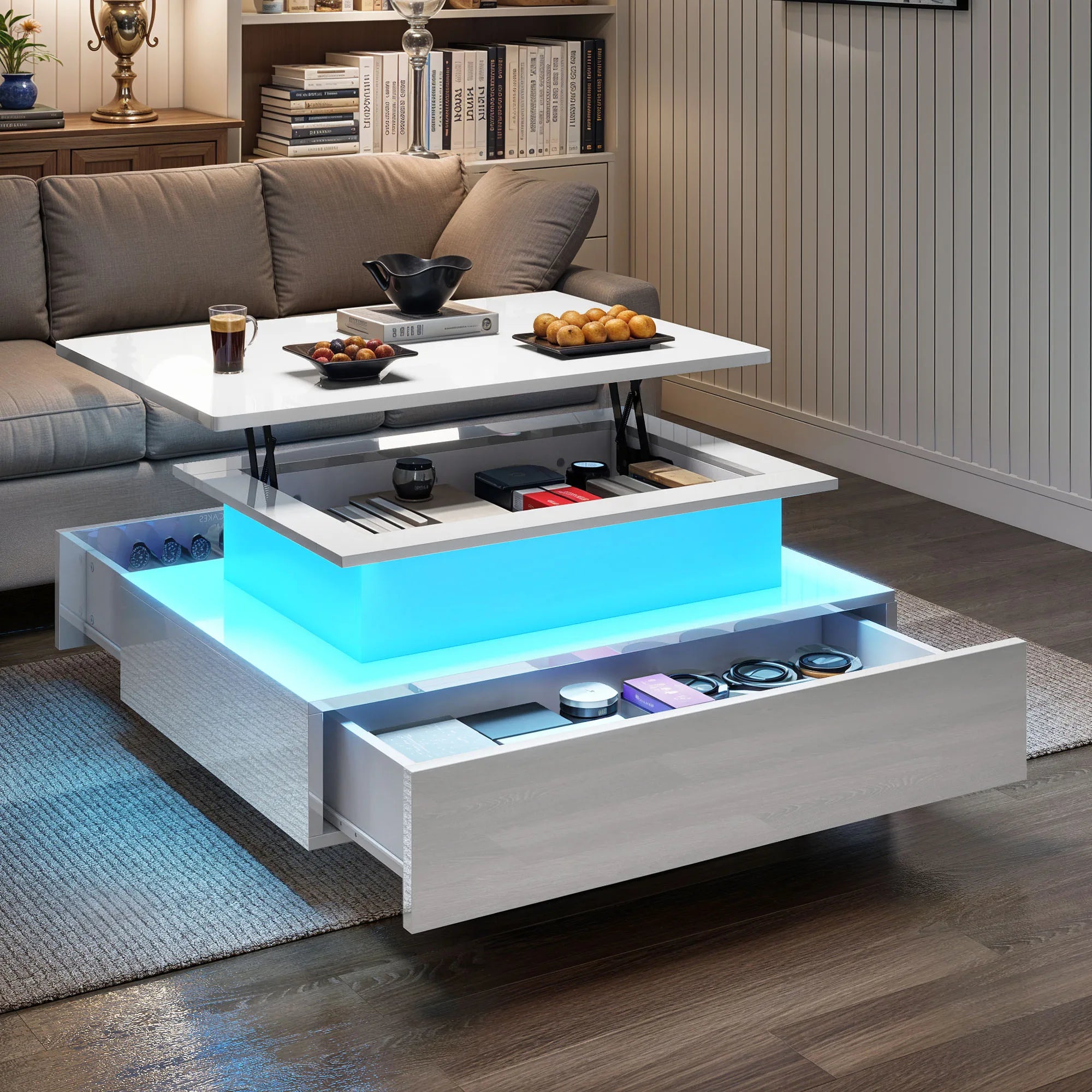 Table basse relevable moderne avec LED et tiroirs