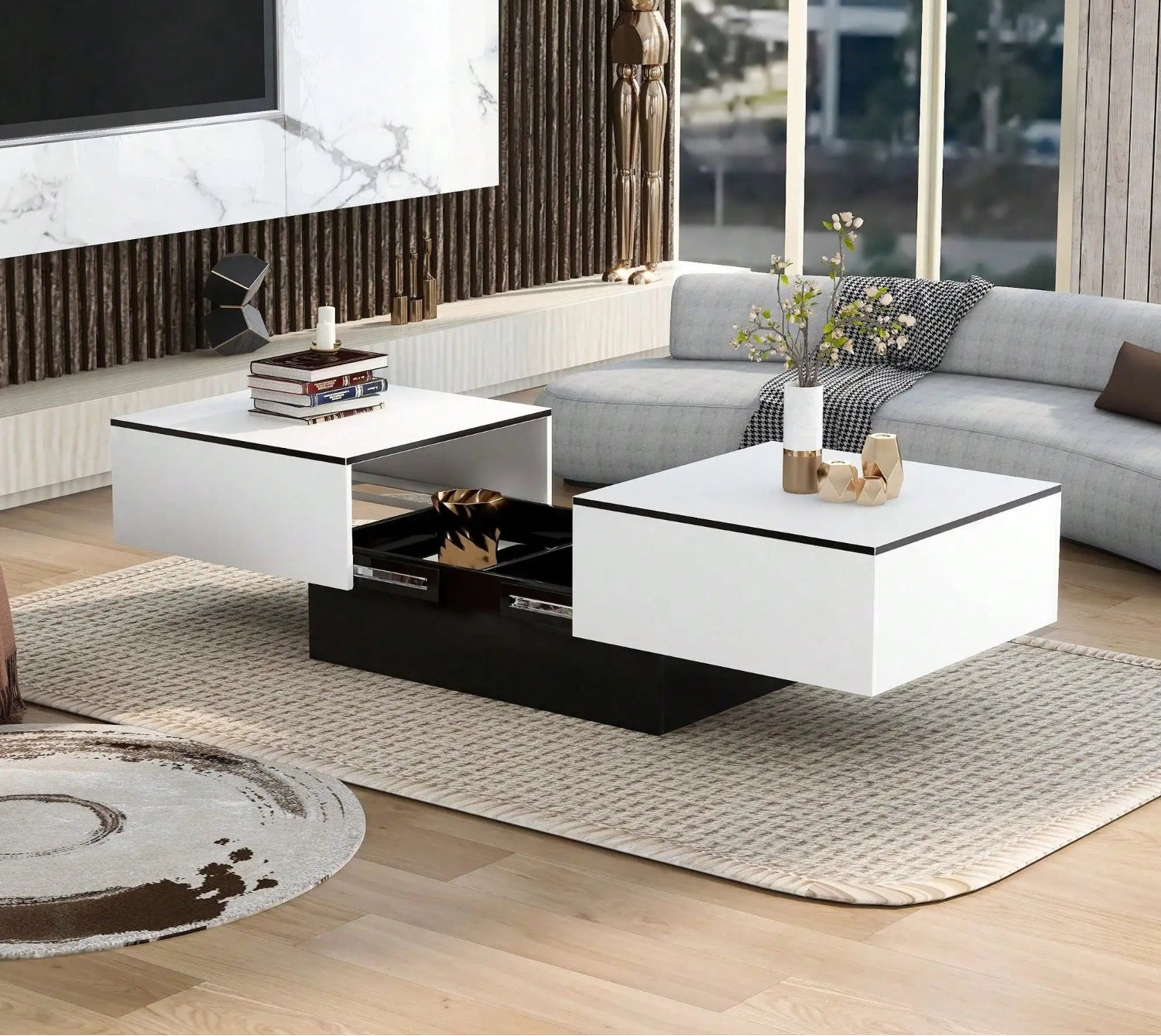 Table basse rectangulaire extensible avec rangements noire et blanche