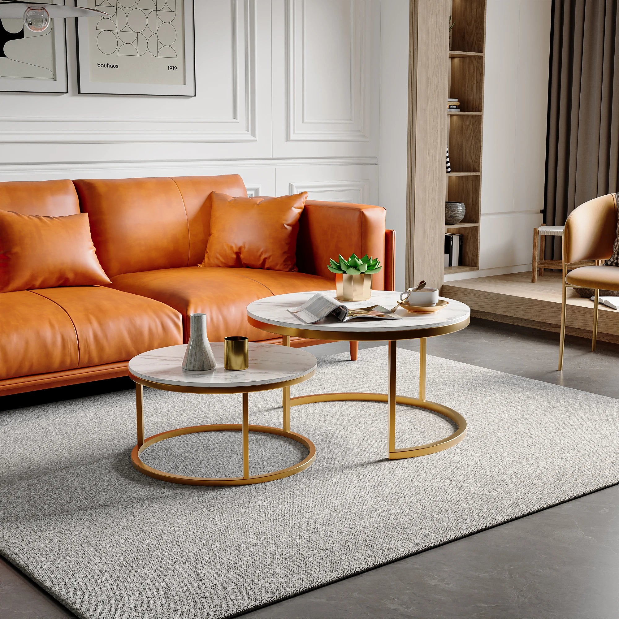 Table basse gigogne ronde effet marbre et doré