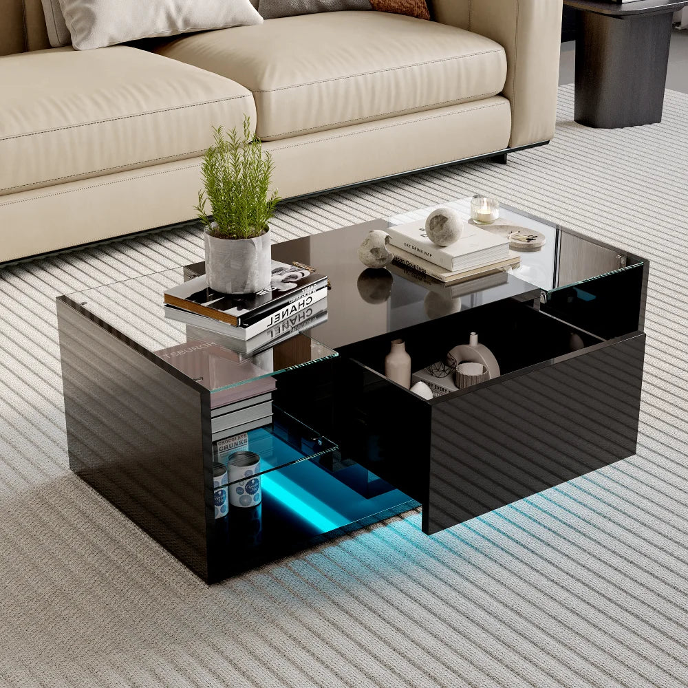 Table basse noire avec étagères en verre et éclairage LED