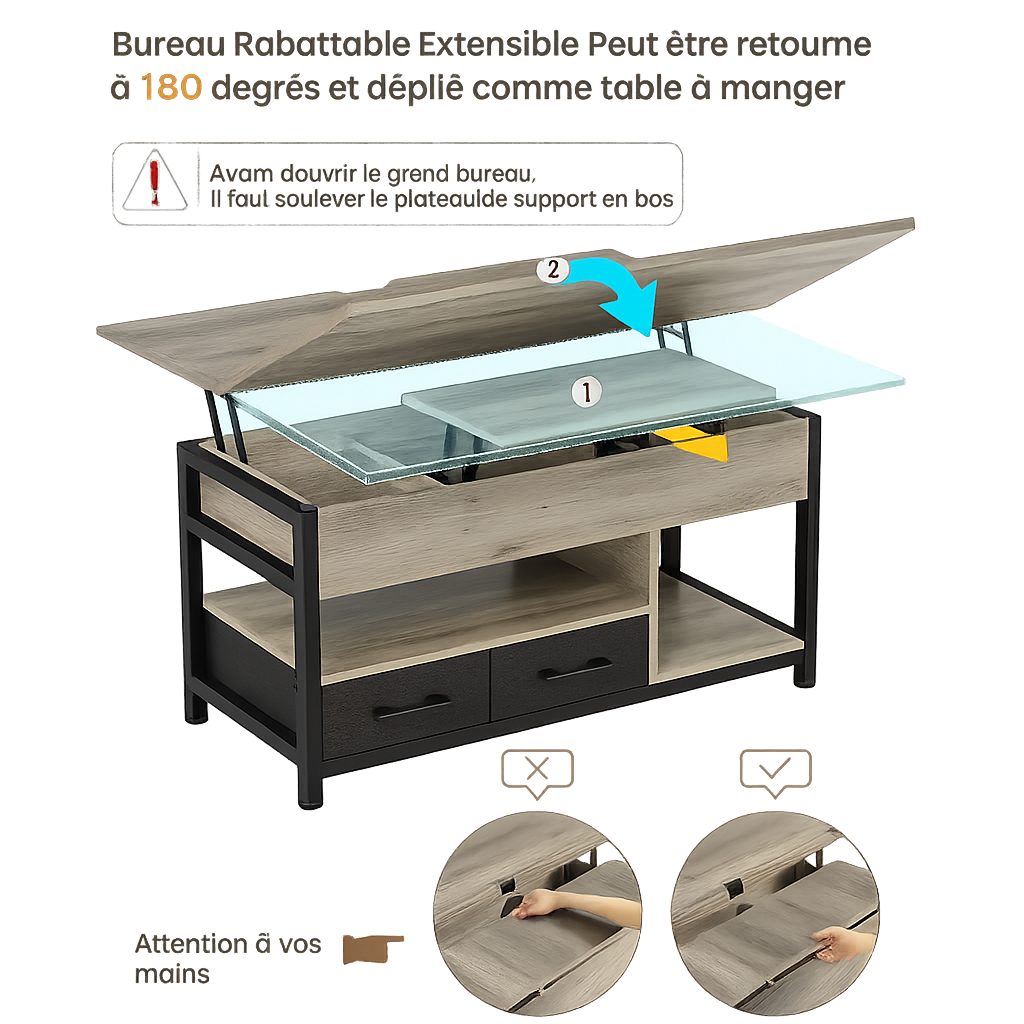 Table basse relevable extensible grise avec rangements