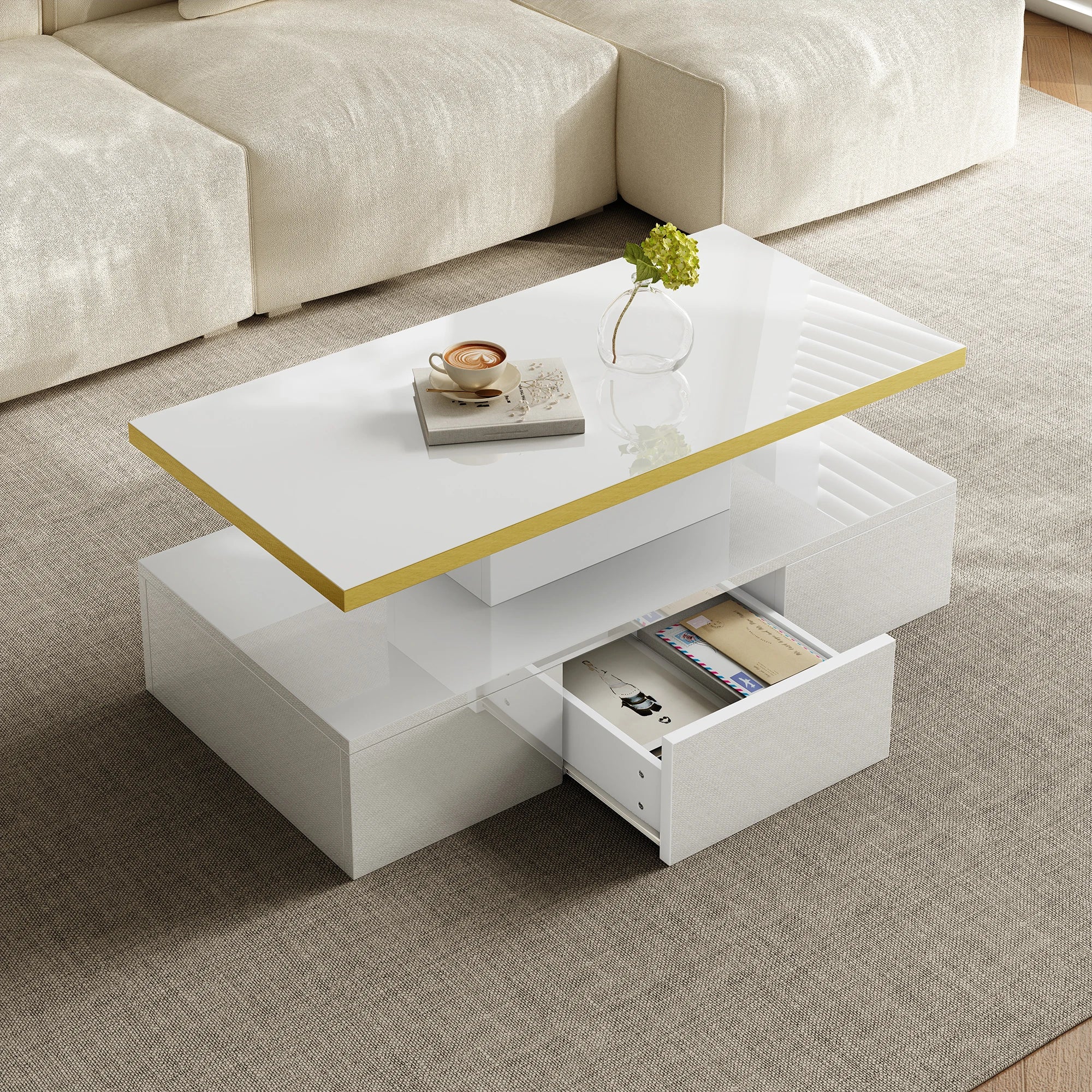 Table basse design à 2 niveaux avec tiroir et LED