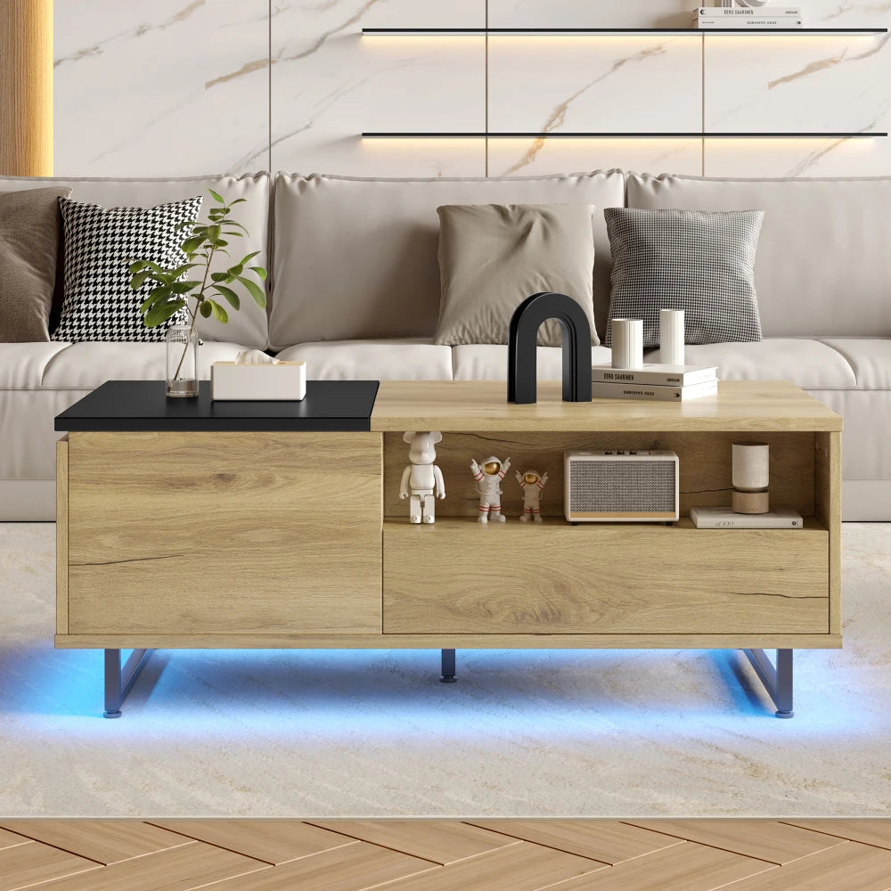 Table basse relevable en bois et métal avec LED