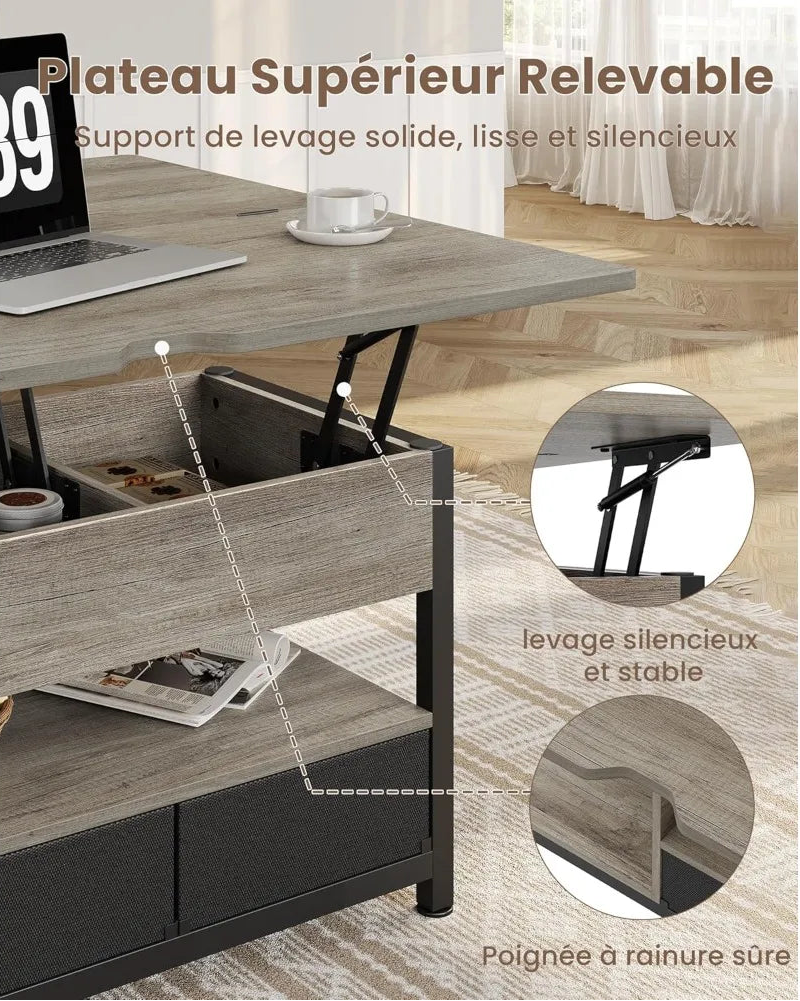 Table basse relevable extensible grise avec rangements