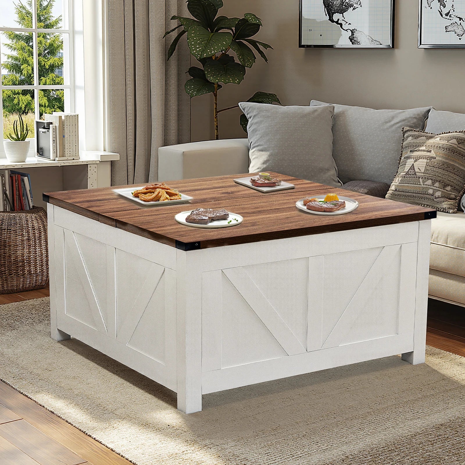 Table basse carrée à plateau relevable en bois design