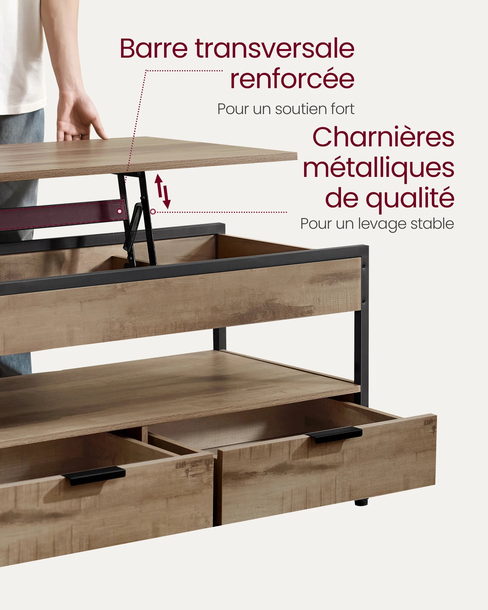 Table basse relevable industrielle avec rangement