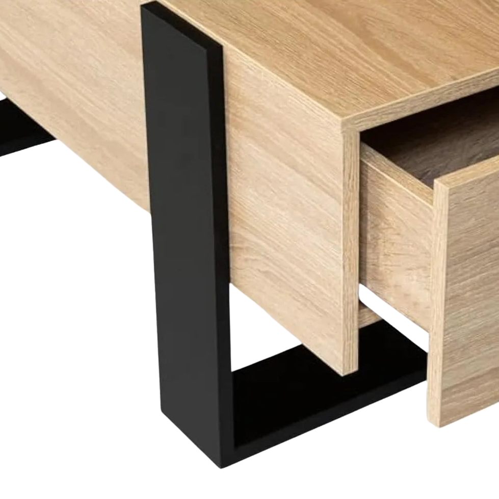 Table basse rectangulaire en bois avec tiroirs au design industriel