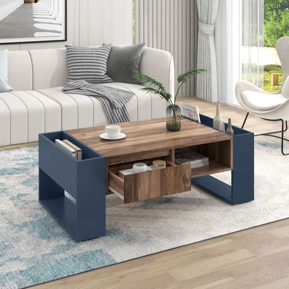 Table basse moderne bois et bleu profond avec rangement