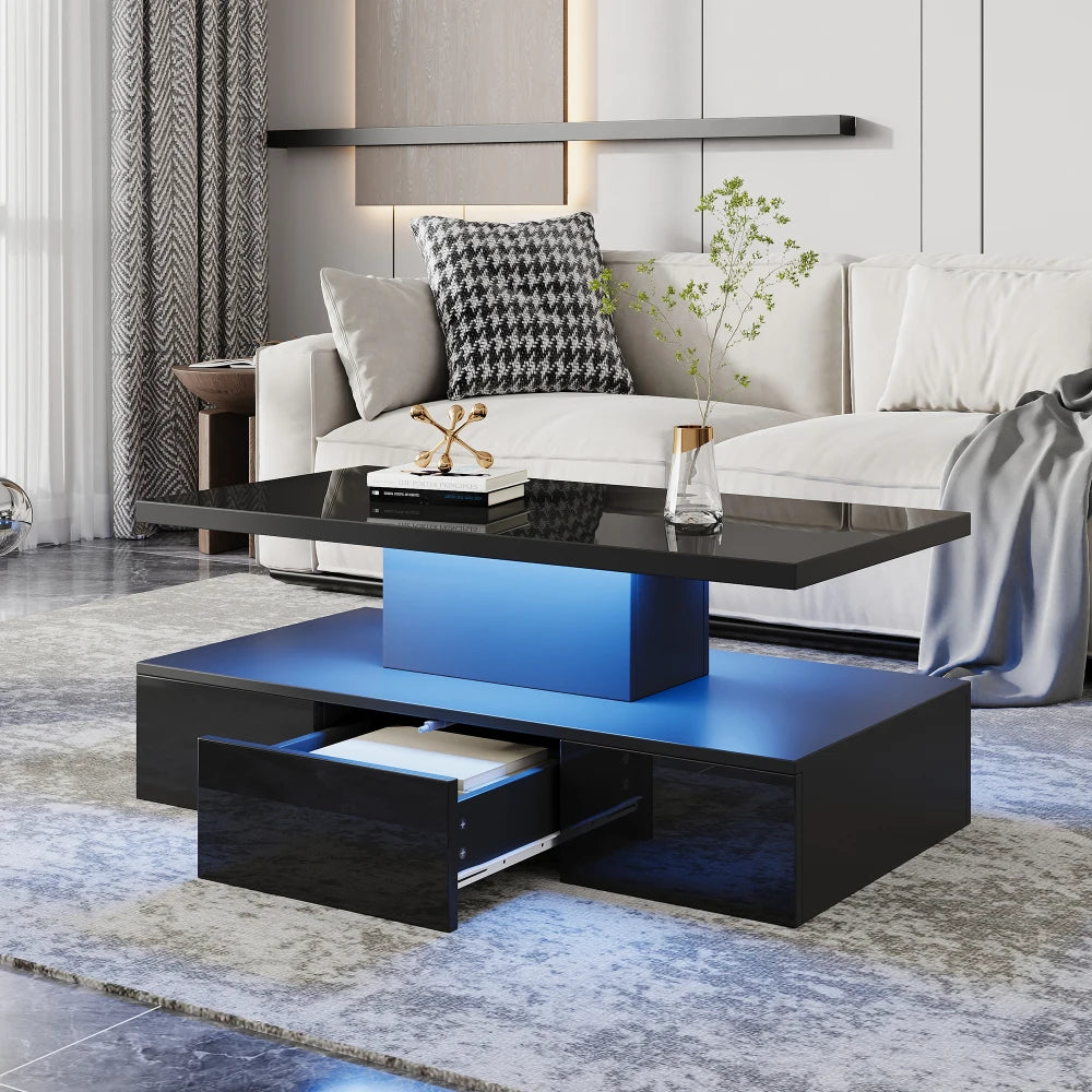 Table basse rectangulaire noire à double plateau avec LED et rangement