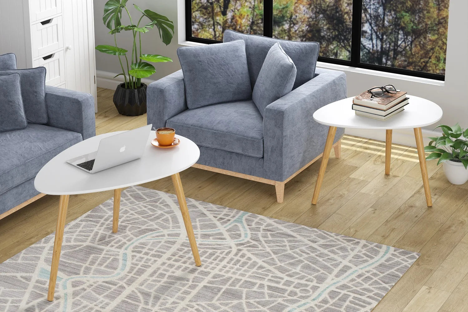 Table basse gigogne ovale blanche et bois scandinave