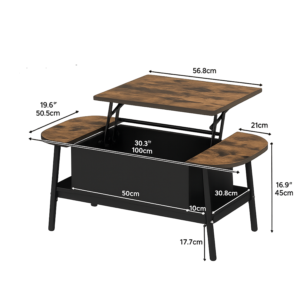 Table basse organique relevable avec rangement