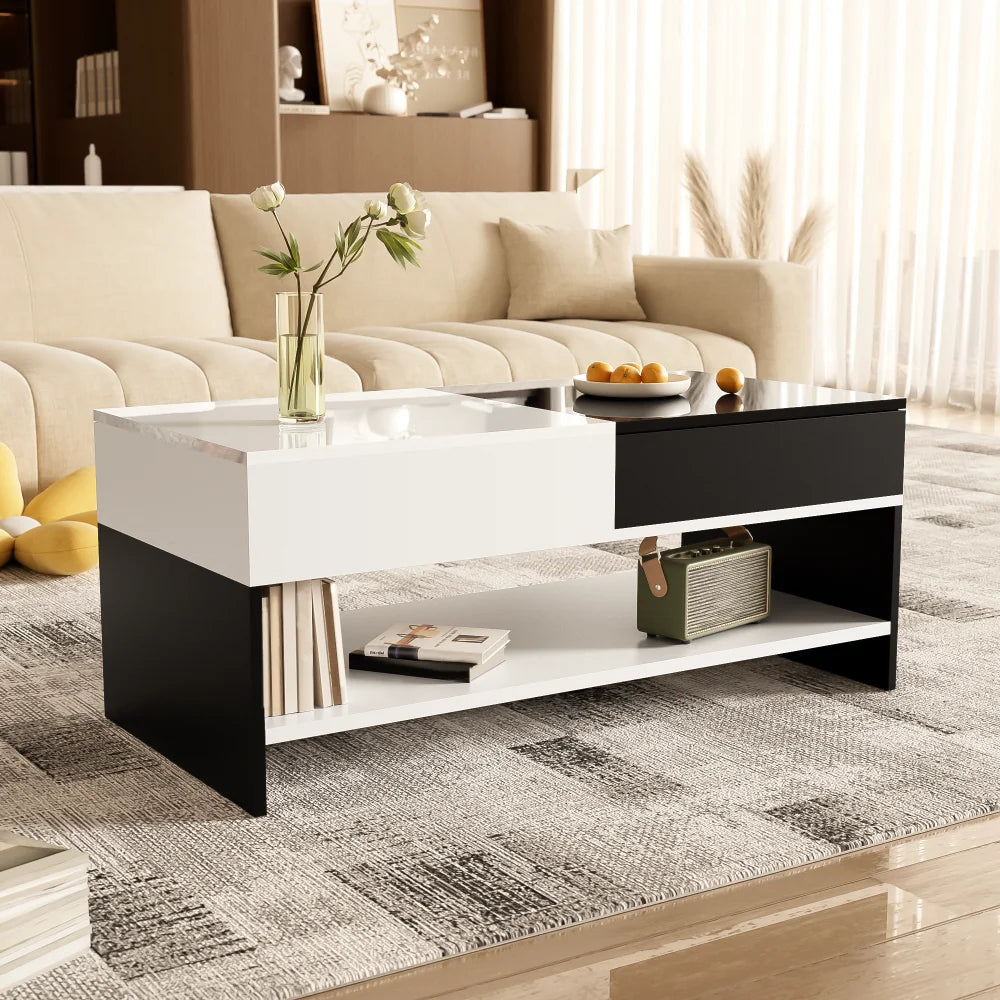 Table basse rectangulaire noire et blanche design avec rangements