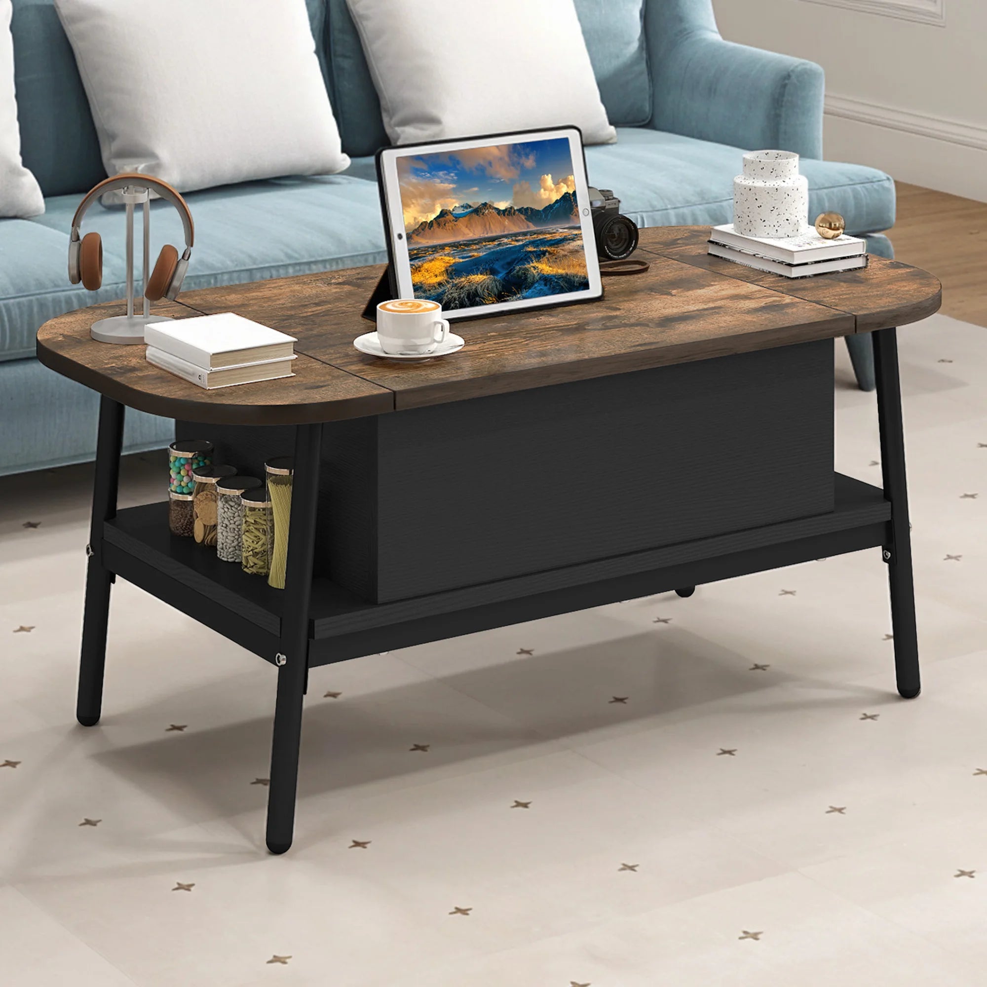 Table basse organique relevable avec rangement