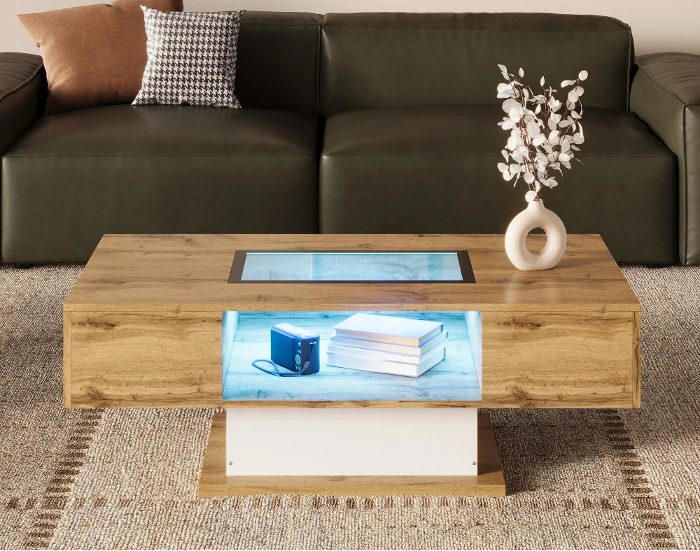 Table basse bois et verre moderne avec LED et rangements