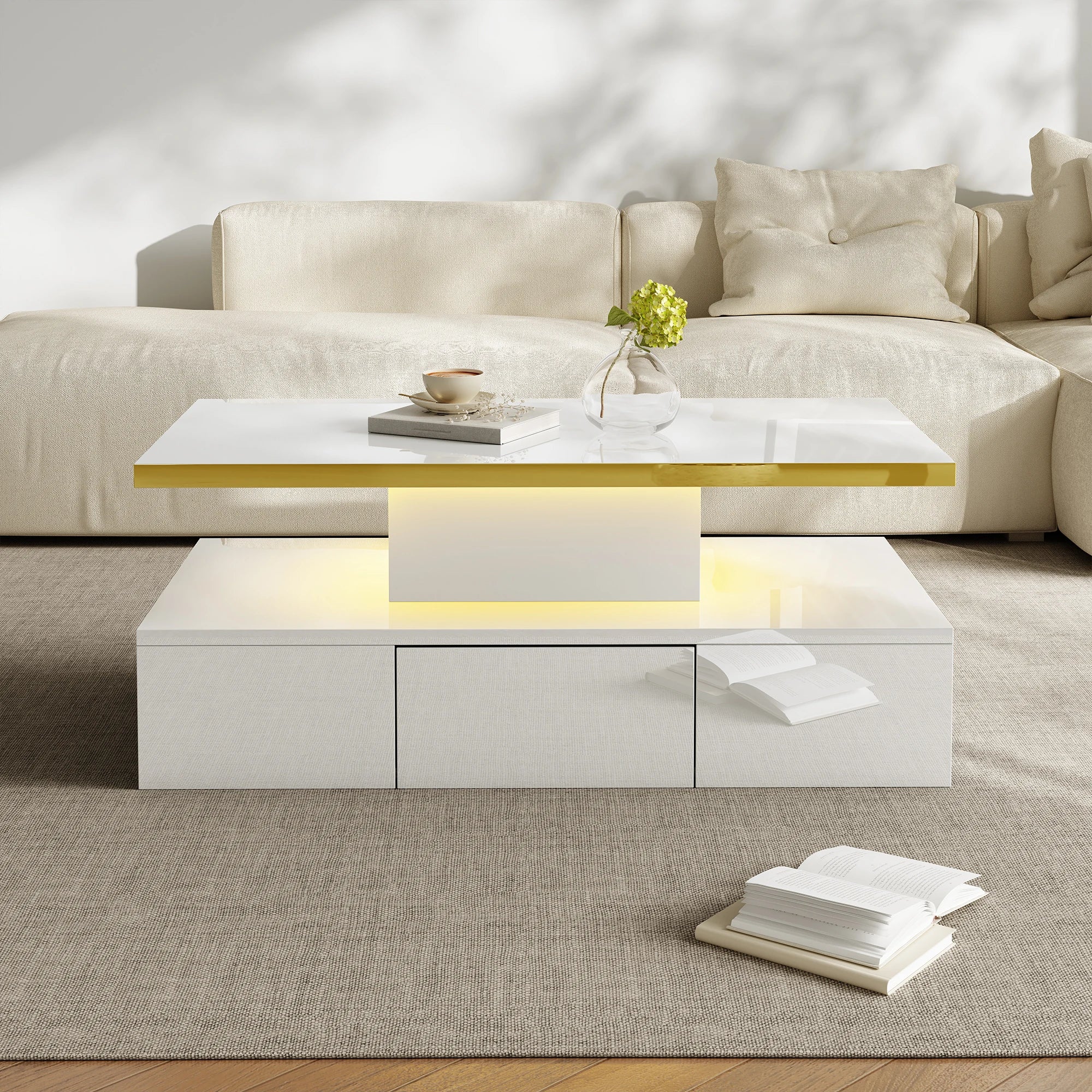 Table basse design à 2 niveaux avec tiroir et LED