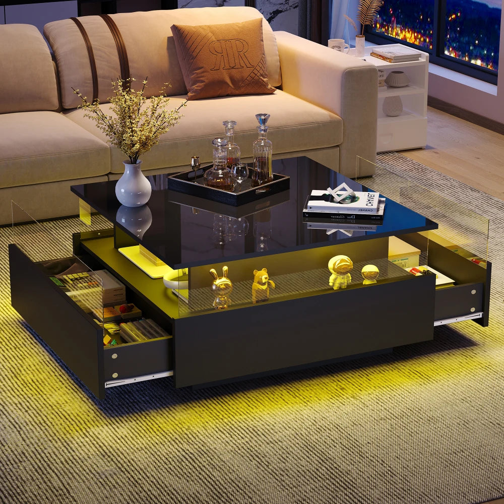 Table basse carrée avec vitrine et LED