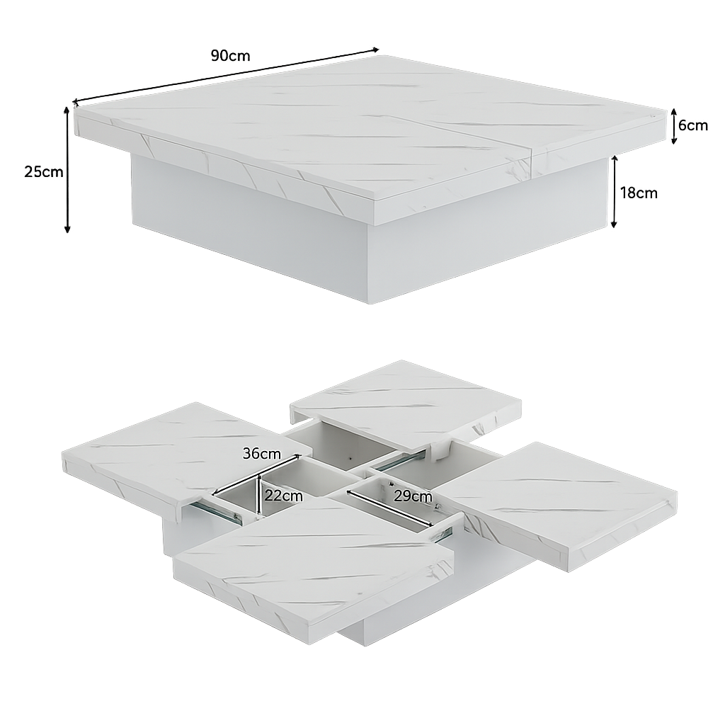 Table basse carrée avec tiroirs et plateau coulissant