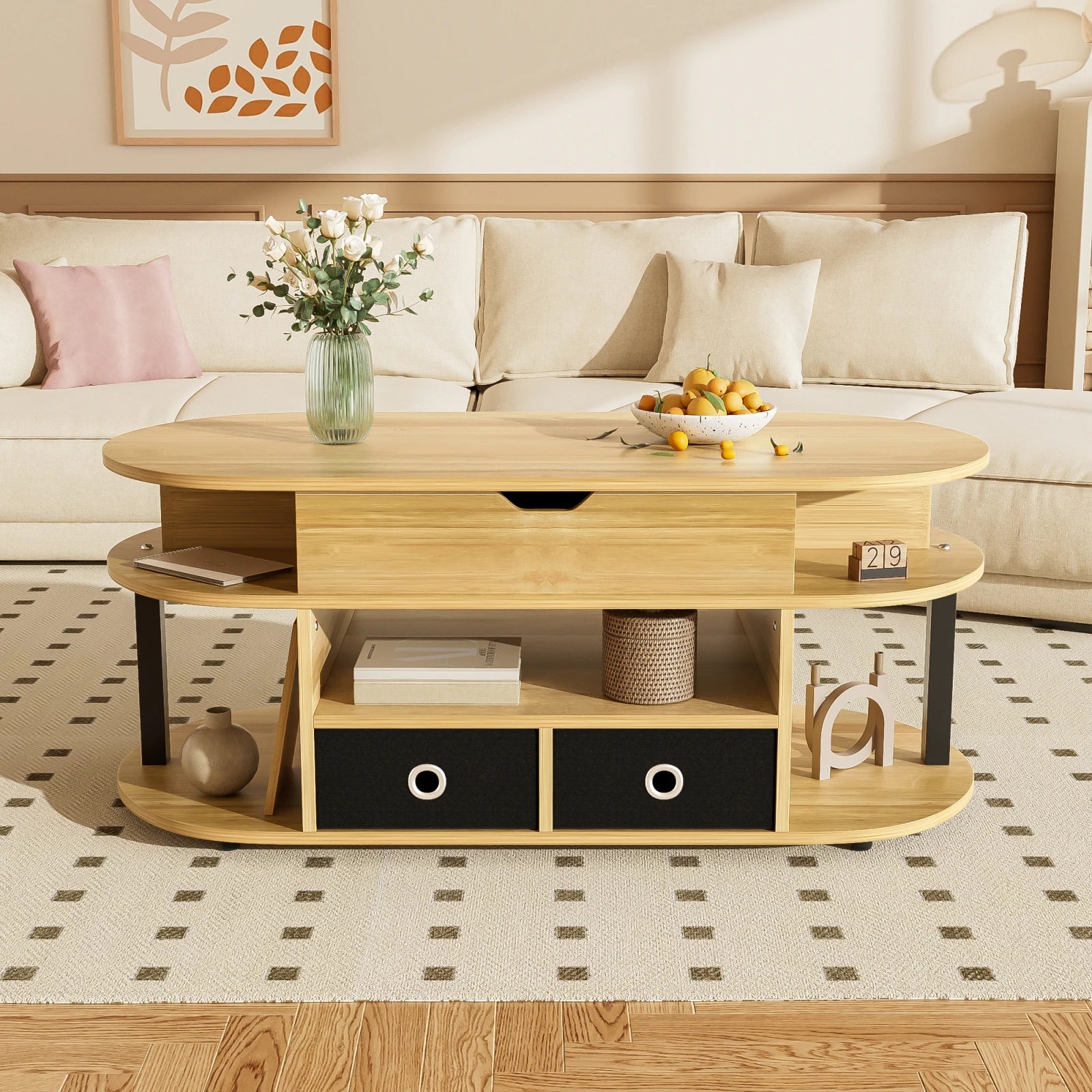 Table basse ovale relevable avec rangements design et bois