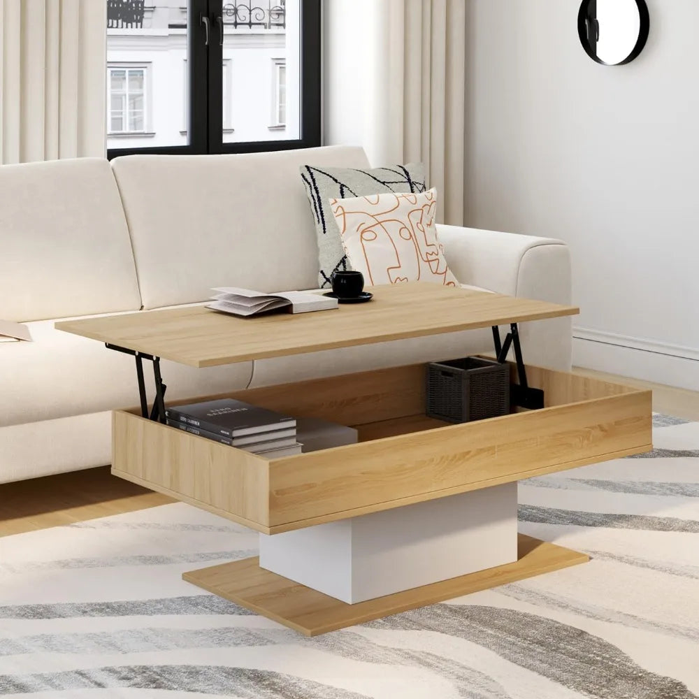 Table basse relevable rectangulaire bois et blanc design