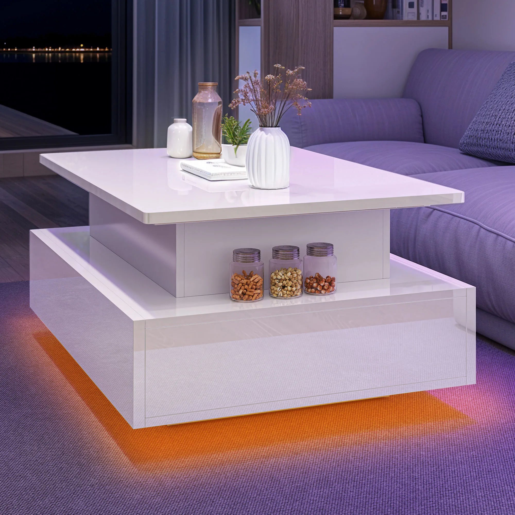 Table basse relevable moderne avec LED et tiroirs