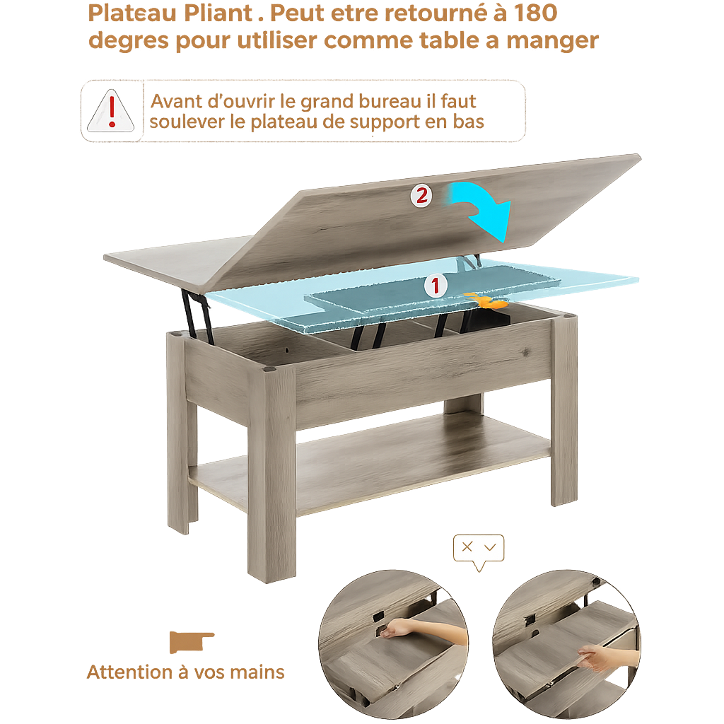 Table basse relevable extensible 3 en 1